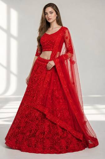 RED  SEQUINS & EMBROIDERED NET FESTIVAL LEHENGA CHOLI SET FOR WOMEN'S