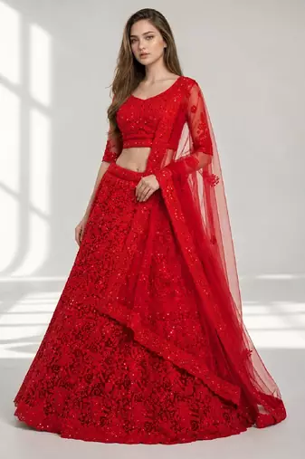 RED  SEQUINS & EMBROIDERED NET FESTIVAL LEHENGA CHOLI SET FOR WOMEN'S