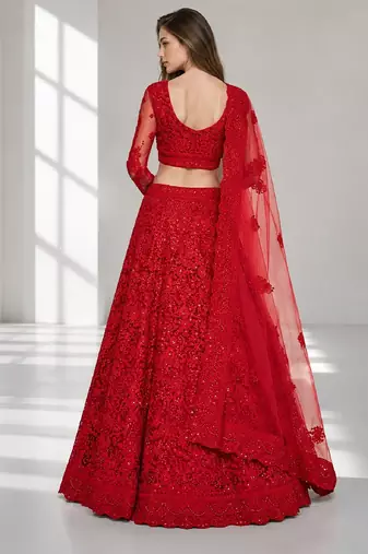 RED  SEQUINS & EMBROIDERED NET FESTIVAL LEHENGA CHOLI SET FOR WOMEN'S