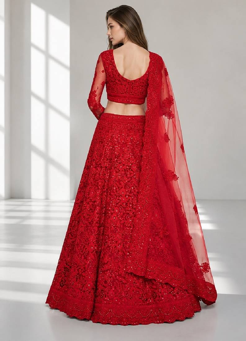 RED  SEQUINS & EMBROIDERED NET FESTIVAL LEHENGA CHOLI SET FOR WOMEN'S