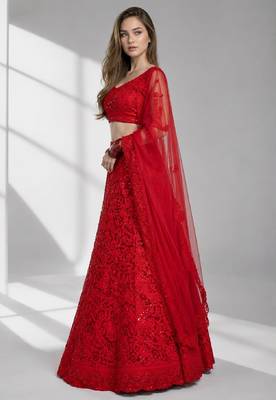 RED  SEQUINS & EMBROIDERED NET FESTIVAL LEHENGA CHOLI SET FOR WOMEN'S 3