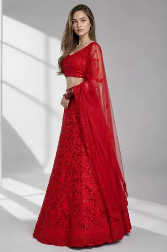 RED  SEQUINS & EMBROIDERED NET FESTIVAL LEHENGA CHOLI SET FOR WOMEN'S