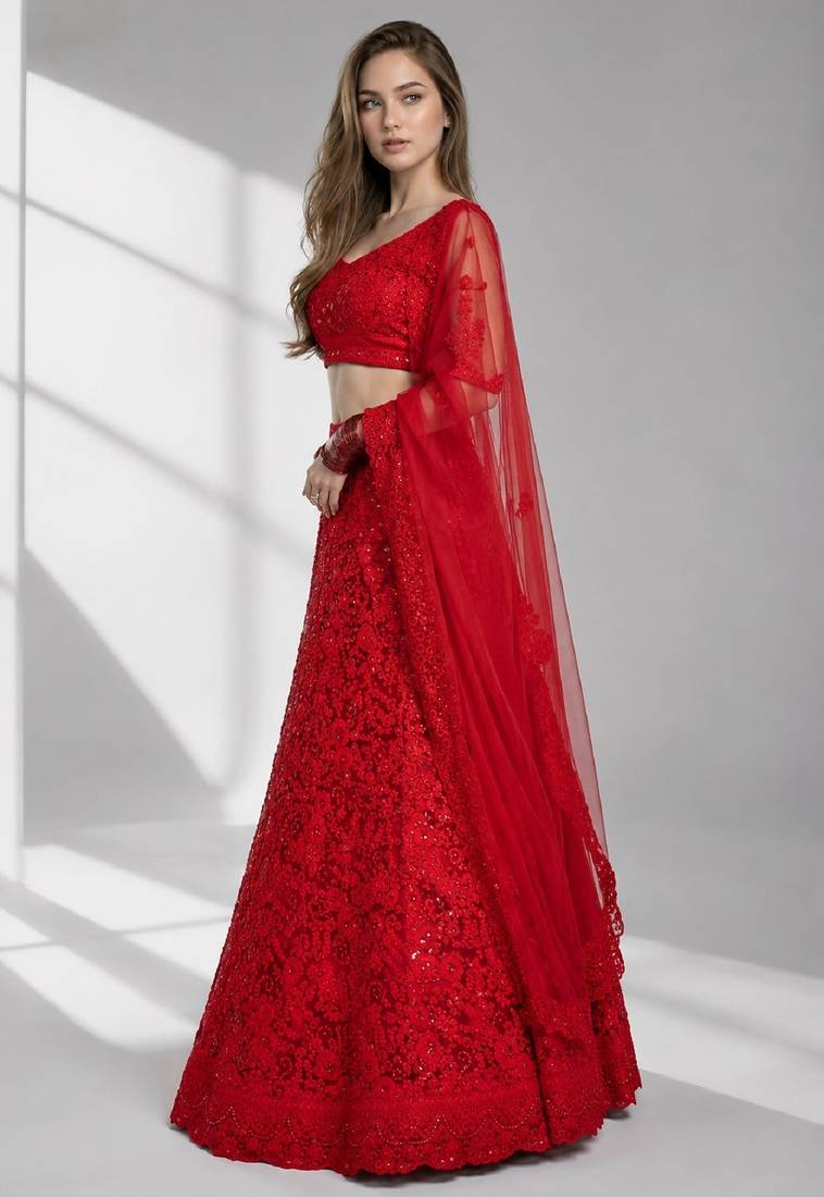 RED  SEQUINS & EMBROIDERED NET FESTIVAL LEHENGA CHOLI SET FOR WOMEN'S