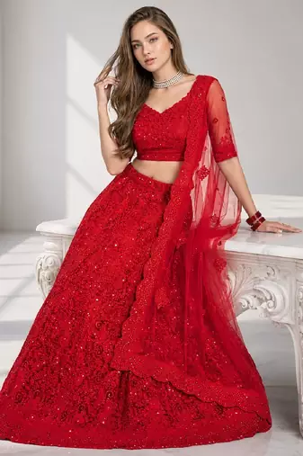 RED  SEQUINS & EMBROIDERED NET FESTIVAL LEHENGA CHOLI SET FOR WOMEN'S