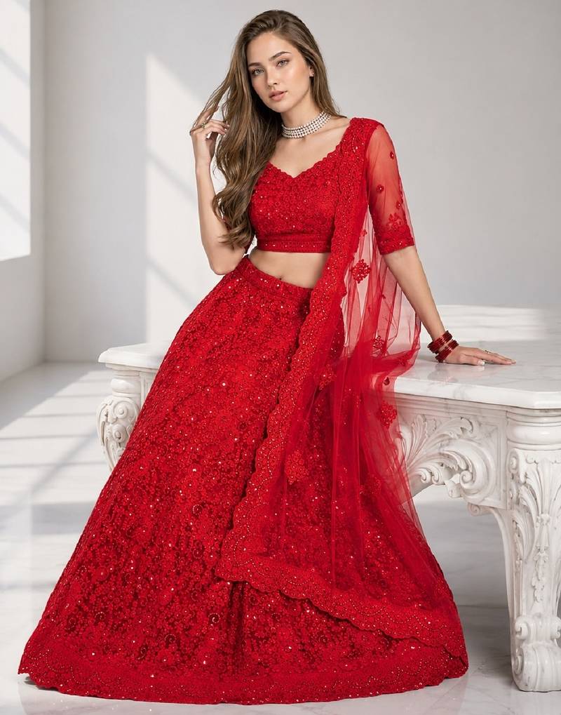 RED  SEQUINS & EMBROIDERED NET FESTIVAL LEHENGA CHOLI SET FOR WOMEN'S