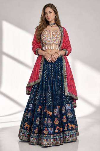 BLUE  SEQUINS & EMBROIDERED GEORGETTE FESTIVAL LEHENGA CHOLI SET FOR WOMEN'S