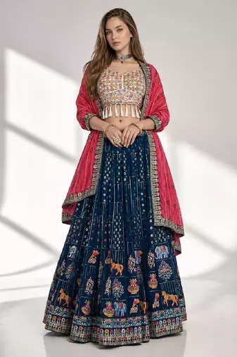 BLUE  SEQUINS & EMBROIDERED GEORGETTE FESTIVAL LEHENGA CHOLI SET FOR WOMEN'S