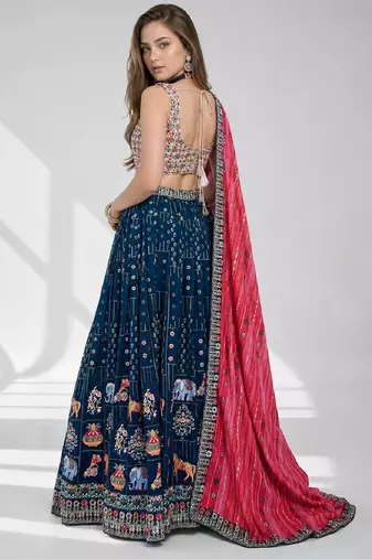 BLUE  SEQUINS & EMBROIDERED GEORGETTE FESTIVAL LEHENGA CHOLI SET FOR WOMEN'S
