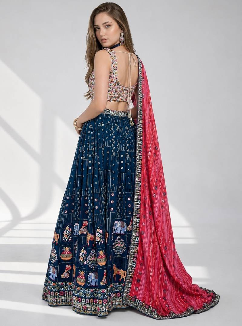 BLUE  SEQUINS & EMBROIDERED GEORGETTE FESTIVAL LEHENGA CHOLI SET FOR WOMEN'S
