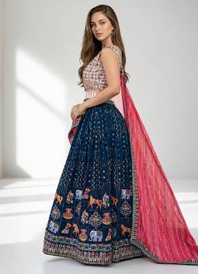 BLUE  SEQUINS & EMBROIDERED GEORGETTE FESTIVAL LEHENGA CHOLI SET FOR WOMEN'S 3
