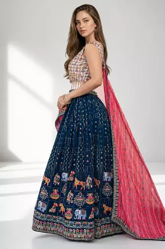 BLUE  SEQUINS & EMBROIDERED GEORGETTE FESTIVAL LEHENGA CHOLI SET FOR WOMEN'S