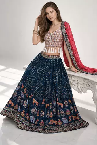 BLUE  SEQUINS & EMBROIDERED GEORGETTE FESTIVAL LEHENGA CHOLI SET FOR WOMEN'S