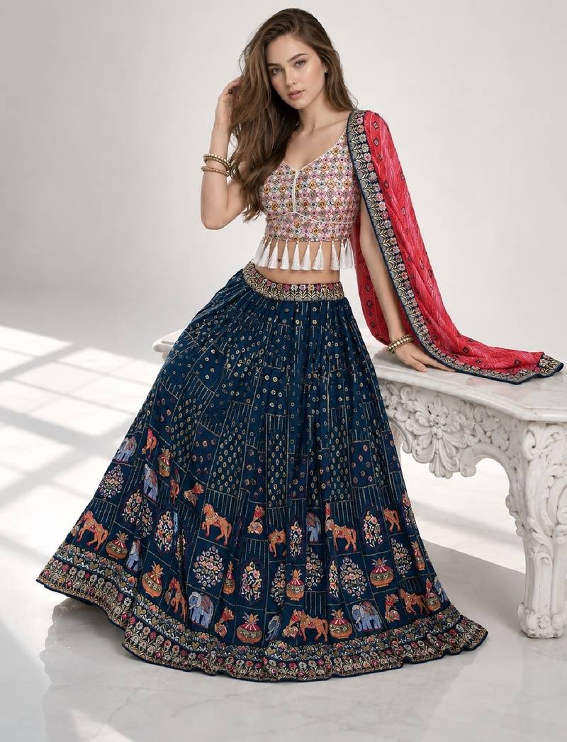 BLUE  SEQUINS & EMBROIDERED GEORGETTE FESTIVAL LEHENGA CHOLI SET FOR WOMEN'S