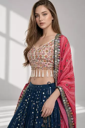 BLUE  SEQUINS & EMBROIDERED GEORGETTE FESTIVAL LEHENGA CHOLI SET FOR WOMEN'S