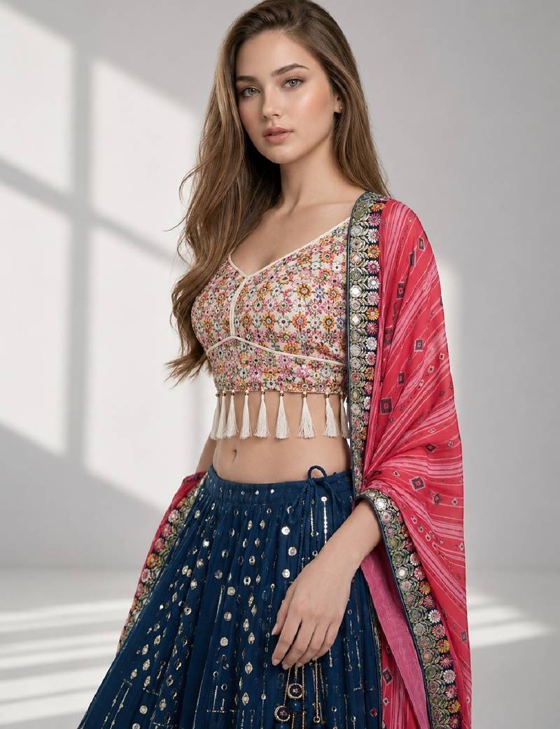 BLUE  SEQUINS & EMBROIDERED GEORGETTE FESTIVAL LEHENGA CHOLI SET FOR WOMEN'S