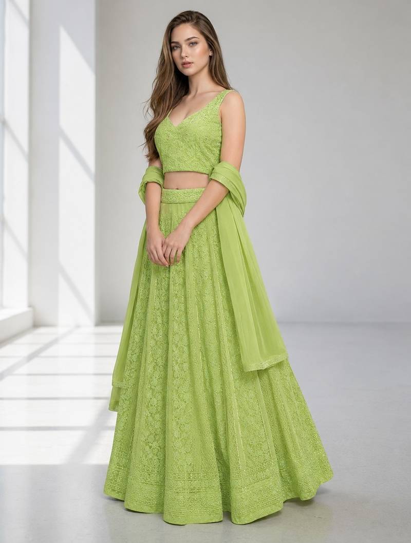 LIGHT GREEN  SEQUINS & EMBROIDERED GEORGETTE FESTIVAL LEHENGA CHOLI SET FOR WOMEN'S