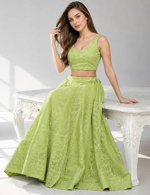 LIGHT GREEN  SEQUINS & EMBROIDERED GEORGETTE FESTIVAL LEHENGA CHOLI SET FOR WOMEN'S 4