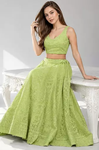 LIGHT GREEN  SEQUINS & EMBROIDERED GEORGETTE FESTIVAL LEHENGA CHOLI SET FOR WOMEN'S