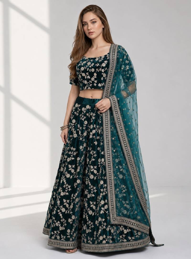 RAMA  SEQUINS & EMBROIDERED VELVET FESTIVAL LEHENGA CHOLI SET FOR WOMEN'S