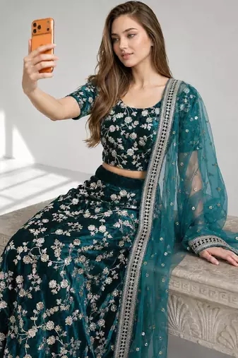 RAMA  SEQUINS & EMBROIDERED VELVET FESTIVAL LEHENGA CHOLI SET FOR WOMEN'S