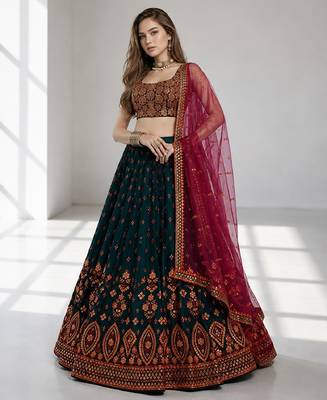 GREEN  SEQUINS & THREADE EMBROIDERED GEORGETTE FESTIVAL LEHENGA CHOLI SET FOR WOMEN'S 1
