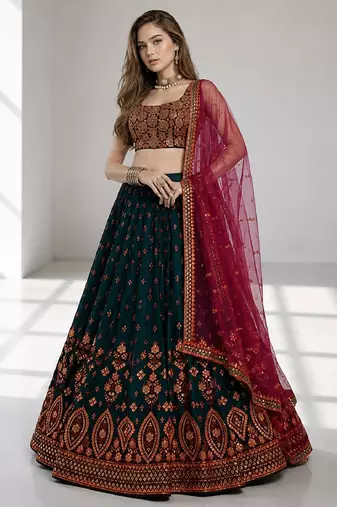 GREEN  SEQUINS & THREADE EMBROIDERED GEORGETTE FESTIVAL LEHENGA CHOLI SET FOR WOMEN'S