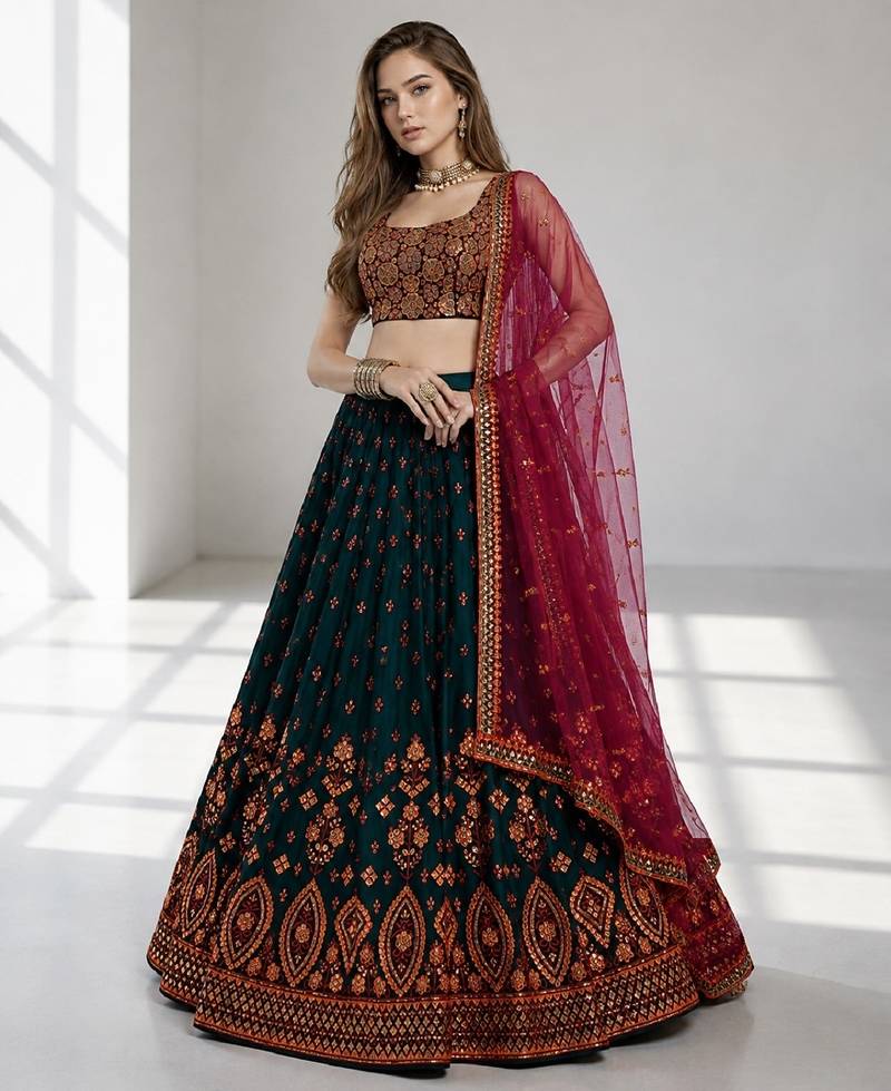 GREEN  SEQUINS & THREADE EMBROIDERED GEORGETTE FESTIVAL LEHENGA CHOLI SET FOR WOMEN'S