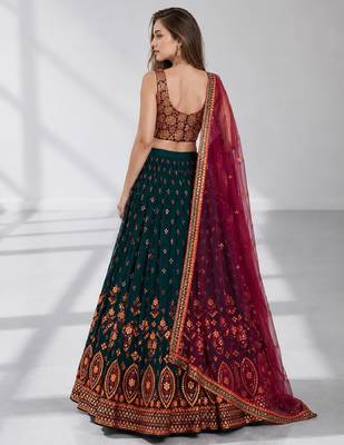 GREEN  SEQUINS & THREADE EMBROIDERED GEORGETTE FESTIVAL LEHENGA CHOLI SET FOR WOMEN'S 2