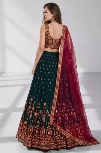 GREEN  SEQUINS & THREADE EMBROIDERED GEORGETTE FESTIVAL LEHENGA CHOLI SET FOR WOMEN'S