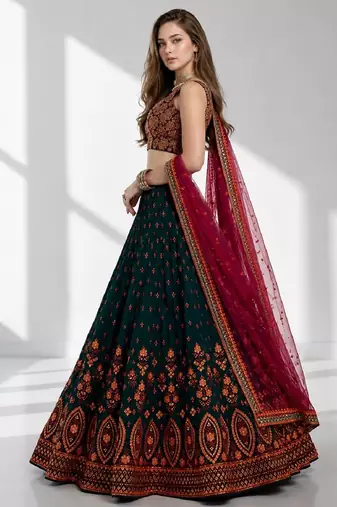 GREEN  SEQUINS & THREADE EMBROIDERED GEORGETTE FESTIVAL LEHENGA CHOLI SET FOR WOMEN'S