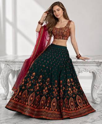 GREEN  SEQUINS & THREADE EMBROIDERED GEORGETTE FESTIVAL LEHENGA CHOLI SET FOR WOMEN'S 4