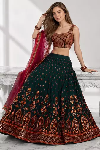 GREEN  SEQUINS & THREADE EMBROIDERED GEORGETTE FESTIVAL LEHENGA CHOLI SET FOR WOMEN'S