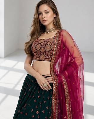 GREEN  SEQUINS & THREADE EMBROIDERED GEORGETTE FESTIVAL LEHENGA CHOLI SET FOR WOMEN'S 5