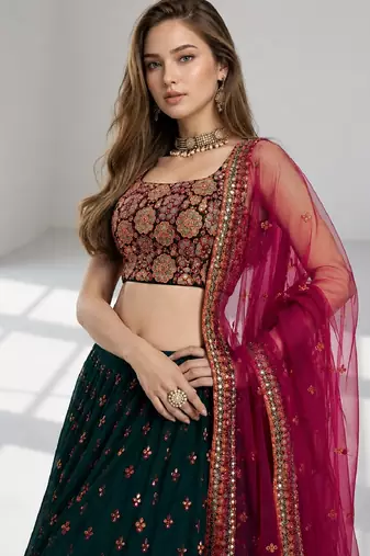 GREEN  SEQUINS & THREADE EMBROIDERED GEORGETTE FESTIVAL LEHENGA CHOLI SET FOR WOMEN'S