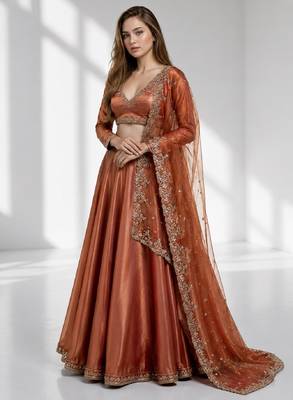 Rust coral sequins zari embroidered lehenga set choli 1