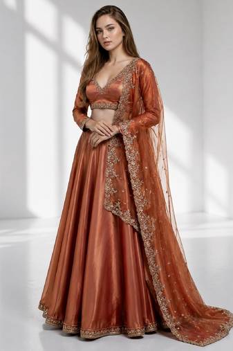 Rust coral sequins zari embroidered lehenga set choli