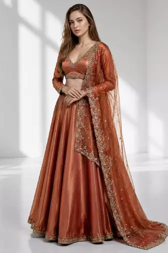 Rust coral sequins zari embroidered lehenga set choli