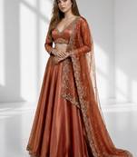Rust coral sequins zari embroidered lehenga set choli