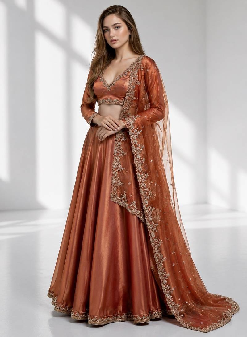 Rust coral sequins zari embroidered lehenga set choli