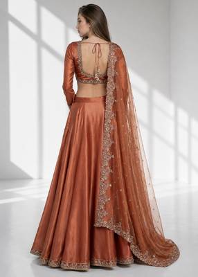 Rust coral sequins zari embroidered lehenga set choli 2