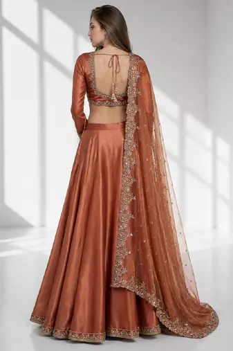 Rust coral sequins zari embroidered lehenga set choli