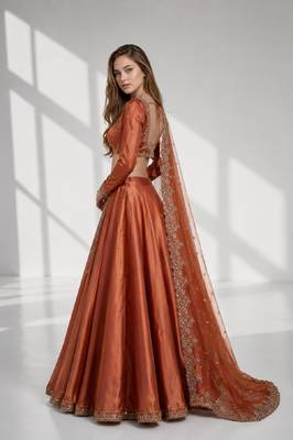 Rust coral sequins zari embroidered lehenga set choli 3