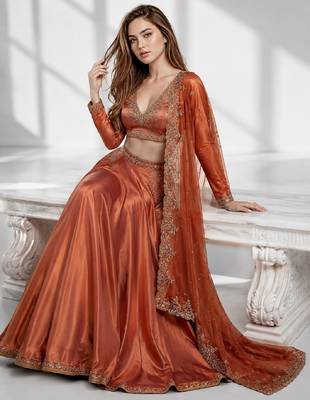 Rust coral sequins zari embroidered lehenga set choli 4