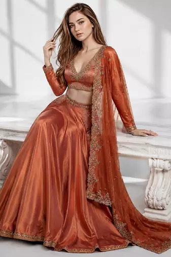Rust coral sequins zari embroidered lehenga set choli