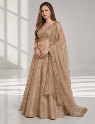 BEIGE  SEQUINS & EMBROIDERED CRUSH FESTIVAL LEHENGA CHOLI SET FOR WOMEN'S 1