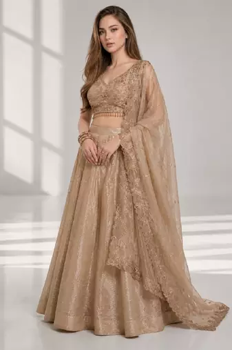 BEIGE  SEQUINS & EMBROIDERED CRUSH FESTIVAL LEHENGA CHOLI SET FOR WOMEN'S