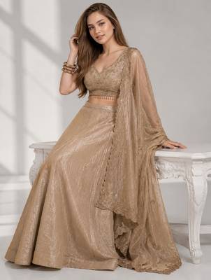 BEIGE  SEQUINS & EMBROIDERED CRUSH FESTIVAL LEHENGA CHOLI SET FOR WOMEN'S 3