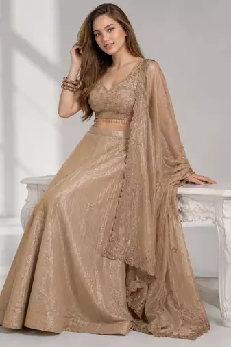 BEIGE  SEQUINS & EMBROIDERED CRUSH FESTIVAL LEHENGA CHOLI SET FOR WOMEN'S
