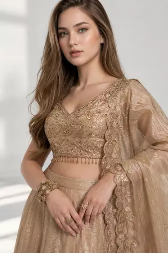 BEIGE  SEQUINS & EMBROIDERED CRUSH FESTIVAL LEHENGA CHOLI SET FOR WOMEN'S