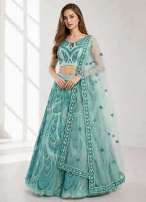 SKY BLUE SEQUINS & EMBROIDERED NET FESTIVAL LEHENGA CHOLI SET FOR WOMEN'S 1